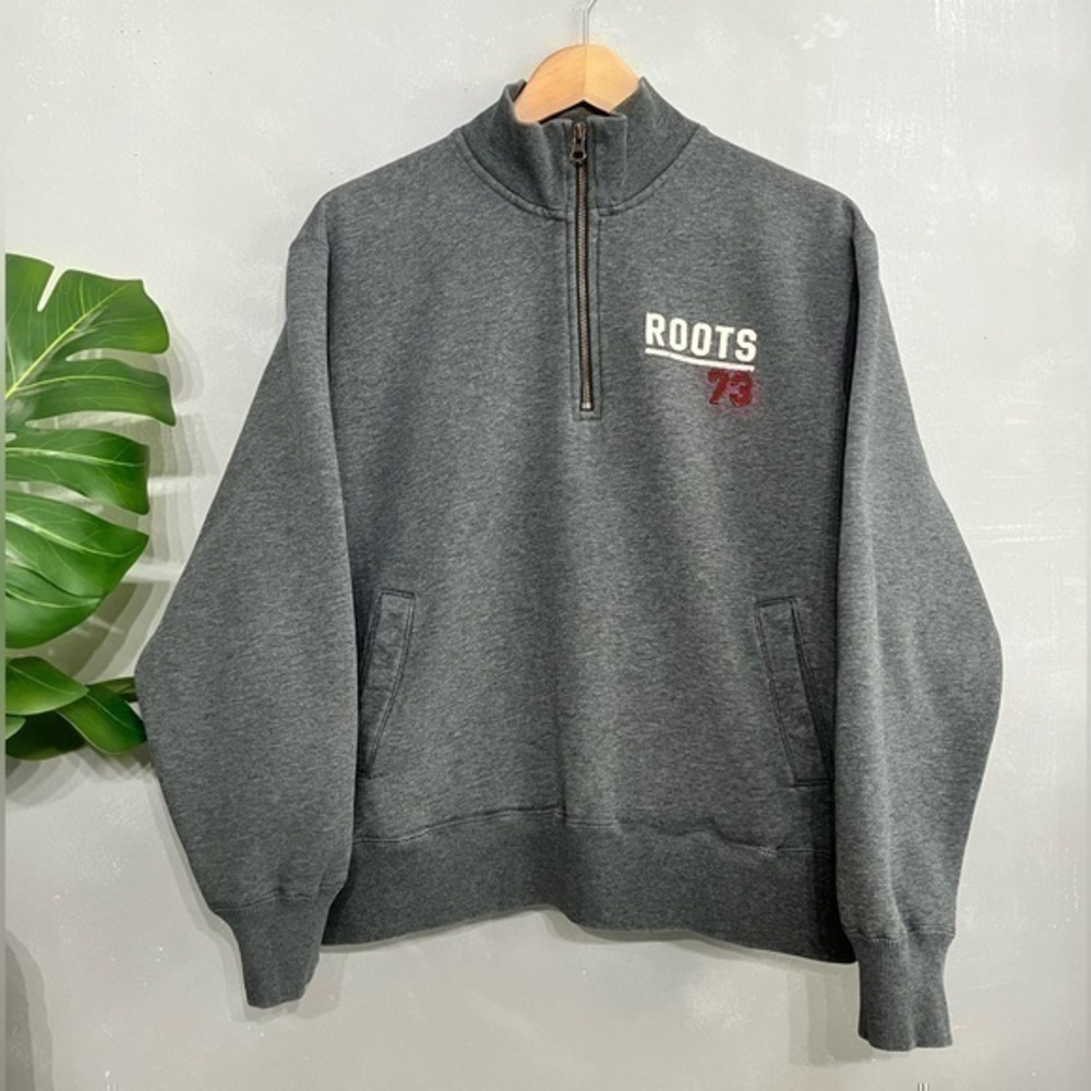 ROOTS | Vintage Classic Heather Grey Quarter Zip 3D Logo Sweatshirt Size Small